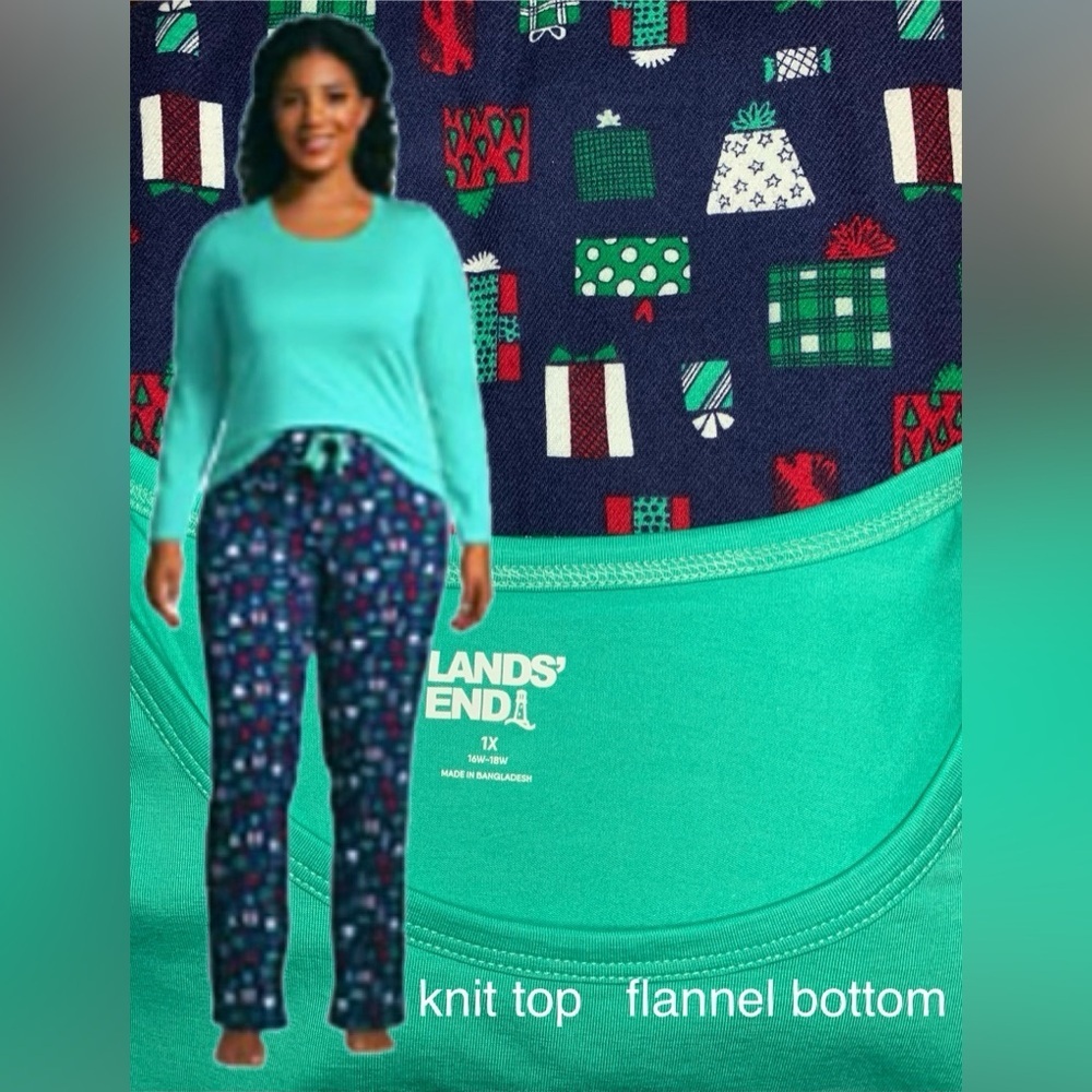 🔥LANDSEND WOMENS PJ SET Knit Tee Shirt Top & Cotton Flannel Pants Navy & Aqua